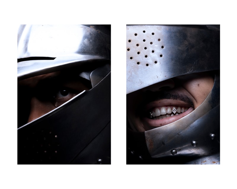 Diptych. Left to right. A Crying Knight, a single tear falls, only the eye is visible. Knight baring teeth, revealing diamond grillz