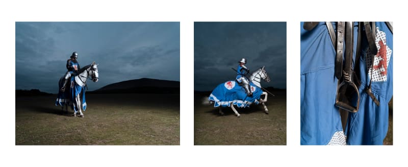 Triptych of a knight riding a horse on a dark hill. As we go left to right the images go from ultra-wide, to wide, to close up.