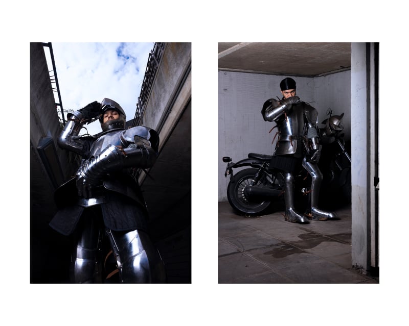 Diptych. A Knight photographed from a low angle beneath brutalist architecture. A knight, helmet of stood in front of a motorbike