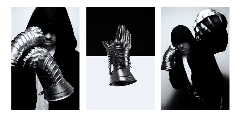 Triptych. Left to right. Hooded figure in gauntlets in a boxing guard. Gauntlet wrapped in chains. Figure throwing an armoured punch.