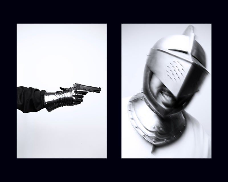 Diptych. Left to right. A toy gun in an armoured hand points left. A head in a helmet whips forwards, blurry, teeth grimacing.
