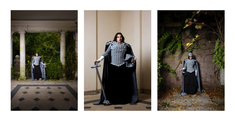 Triptych. A knight in armour made out of baloons stands poised with a baloon sword within a garden.