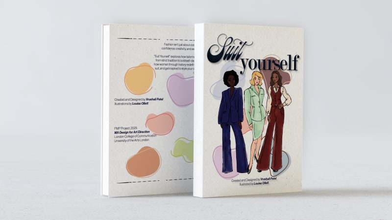 Front and back cover of 'Suit Yourself', showing three women in tailored suits with pastel backgrounds.