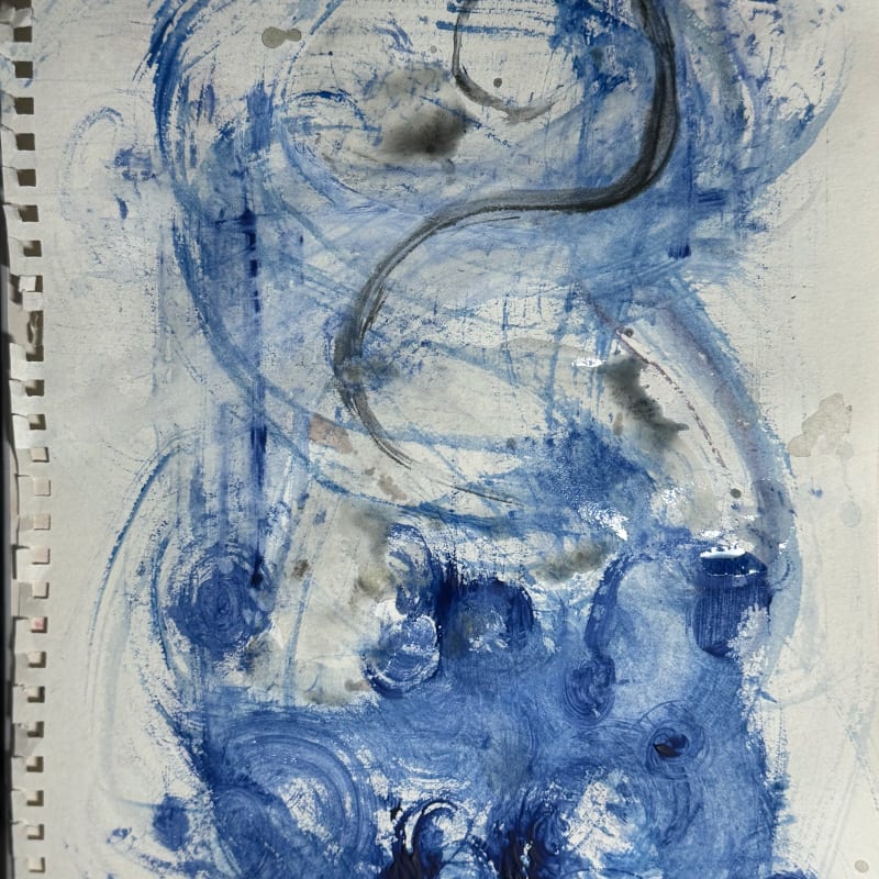 Expressive, swirly blue painting on A4 sketchbook page.