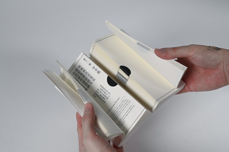 A person opens a white book titled Gate of Fortunes, revealing divination poems printed on both sides.