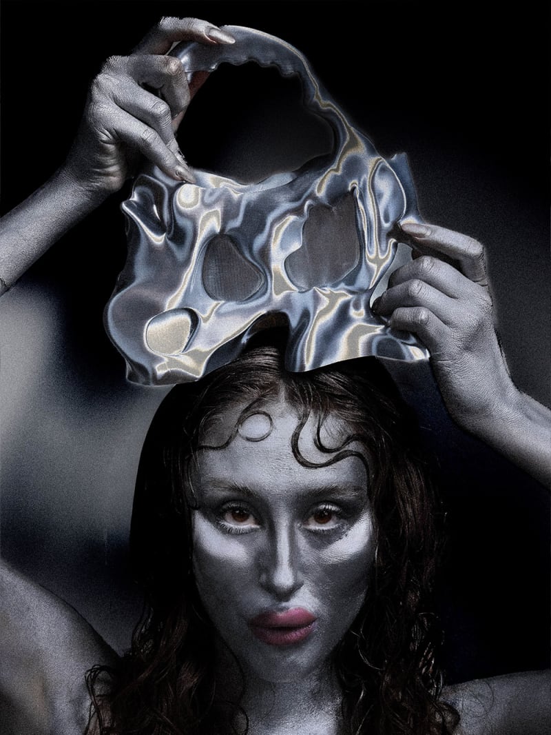 Silver woman holding bag over her head.