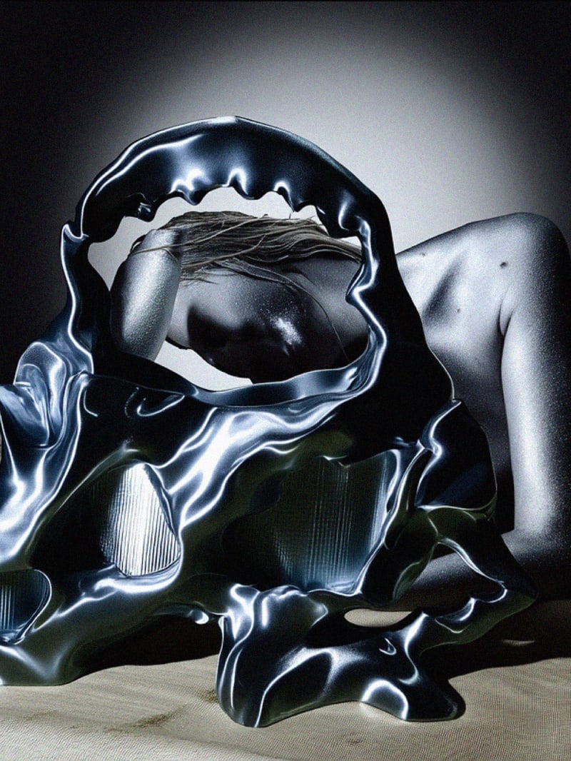 AI generated image of silver woman and bag.