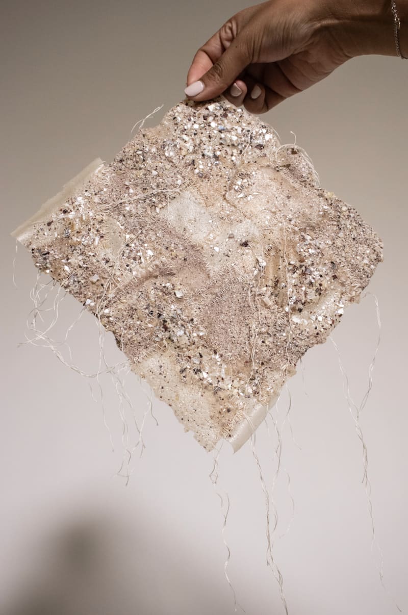 Bio textile with embellished oyster shells