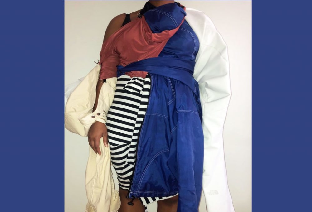 a studio shot of a red, blue and white striped garment