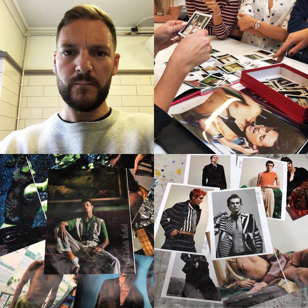 Photo montage (clockwise): Daniel Collins selfie, students sitting around a table looking a Polaroids, model photographs on a table, model photographs cut out of magazines.
