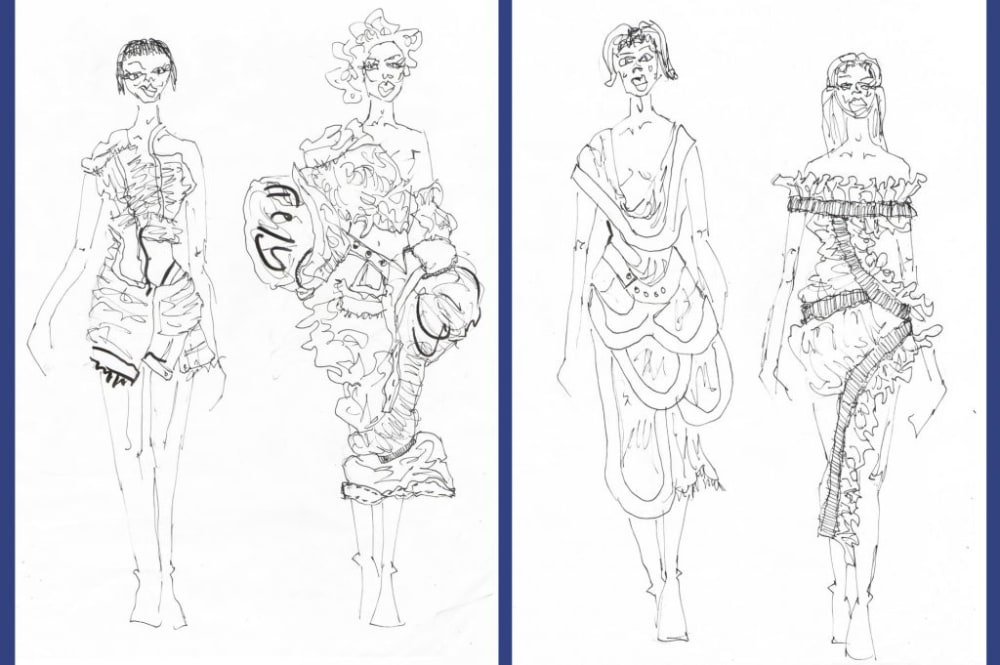 four fashion illustrations displaying frilled dresses