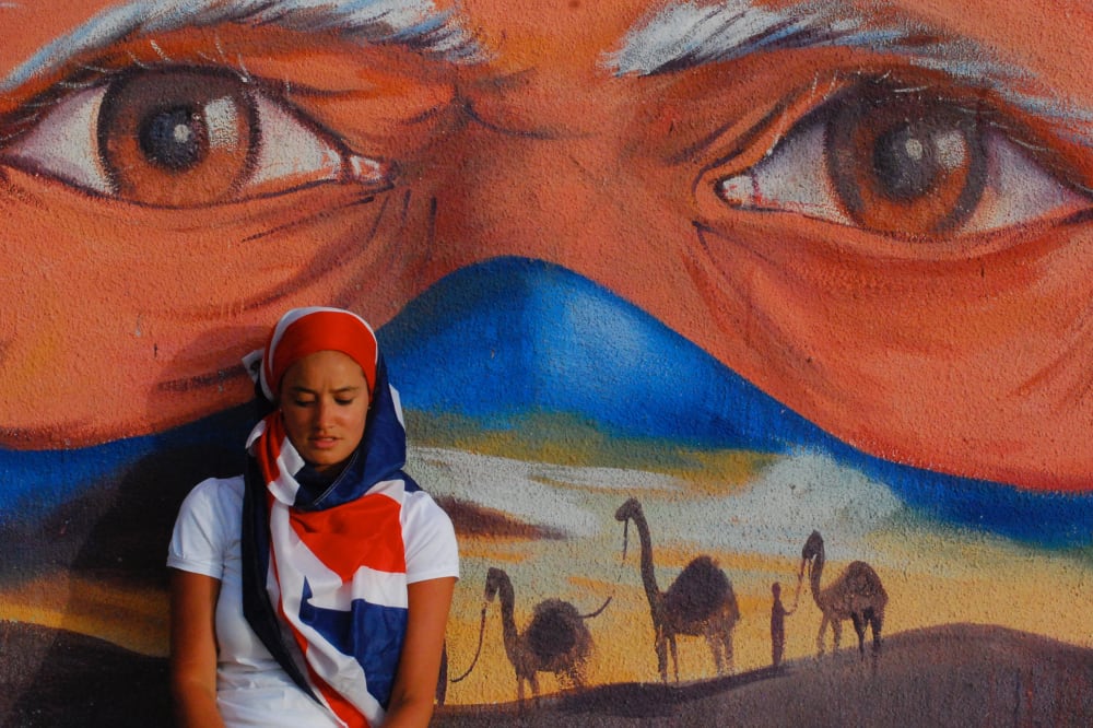 woman wearing a union jack hijab.