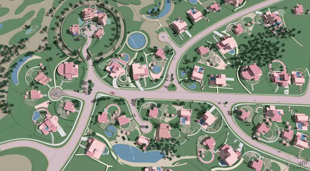 Aerial view of the fictional Barbie landscape which has lush green grass, each pink house has its own individual pool and various pink flowers and palm trees across the gardens.