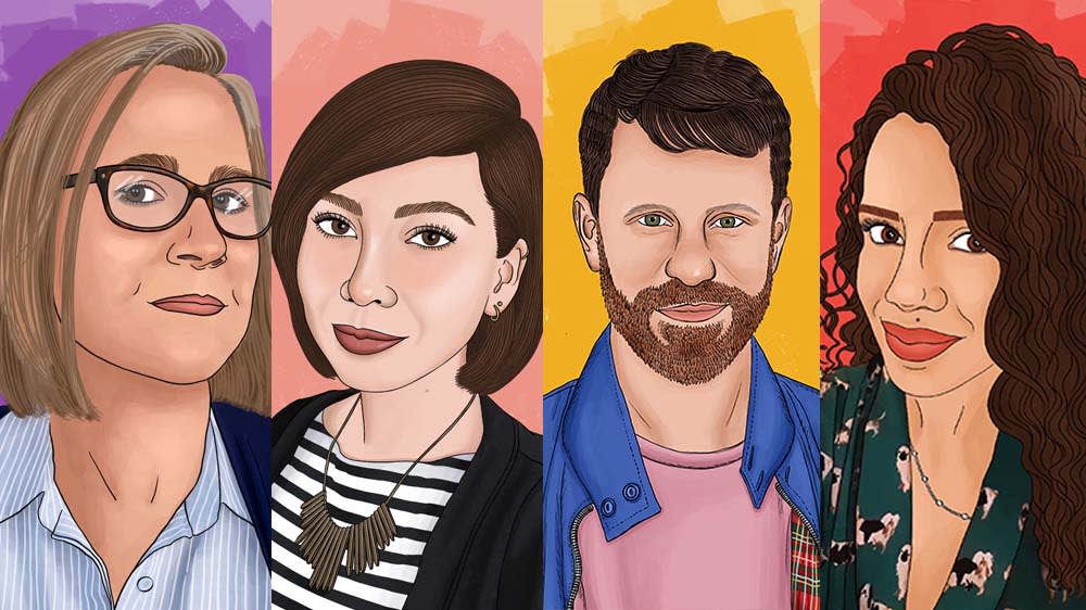 Colourful illustrations of 4 people laid out in a row