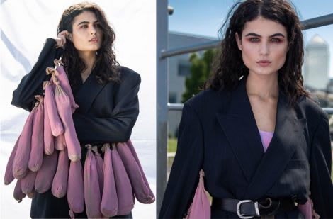 Two photographic portraits of women wearing garments made our of pink stuffed tights. 