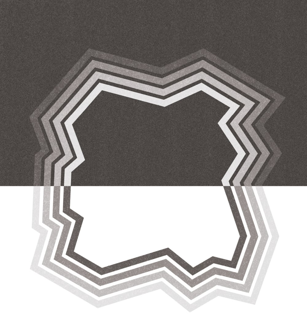 A black and white graphic image of an abstract cave