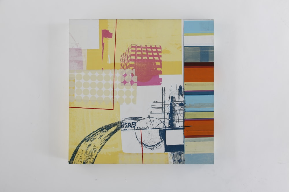 Screenprint panel with bright colours and architectural motifs