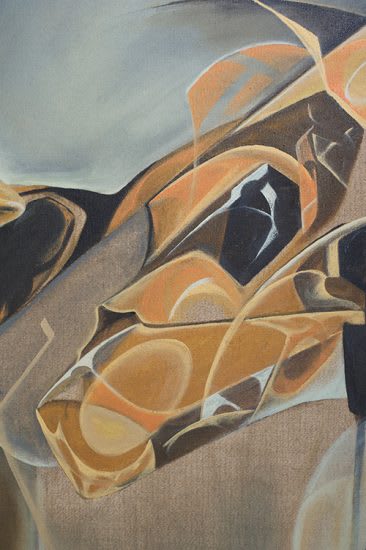 An abstract yellow, grey, black and white painting. 