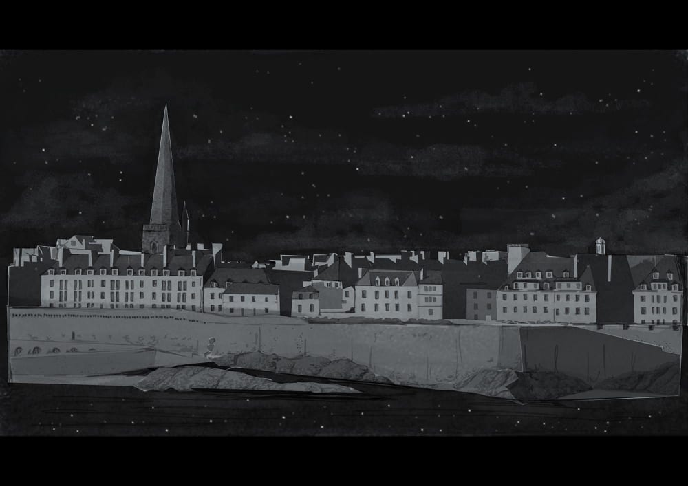 Digitally painted still of scene showing a town