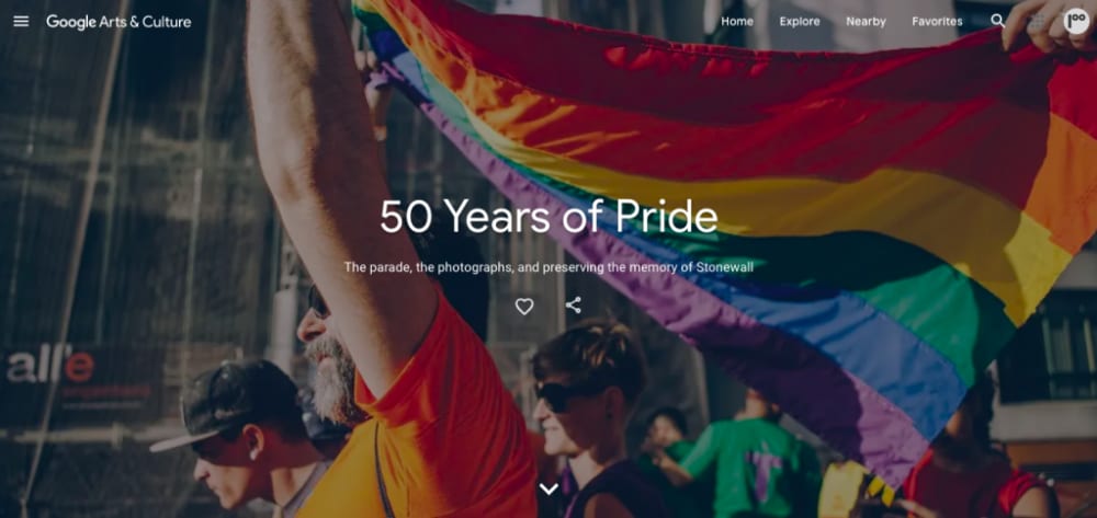 a screenshot from a website which displays a picture of a rainbow coloured flag with the words '50 years of pride'