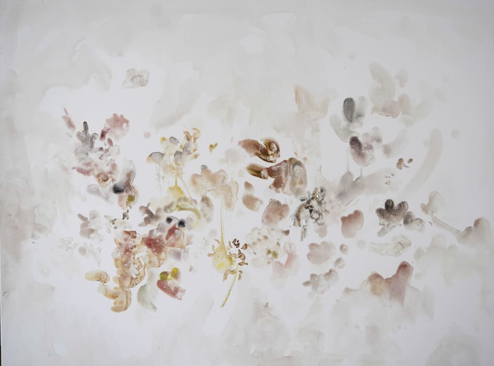 Delicate oil painting of browns, pinks and greys of plant-like shapes