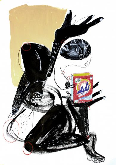 Painting of a woman holding a cleaning product. 