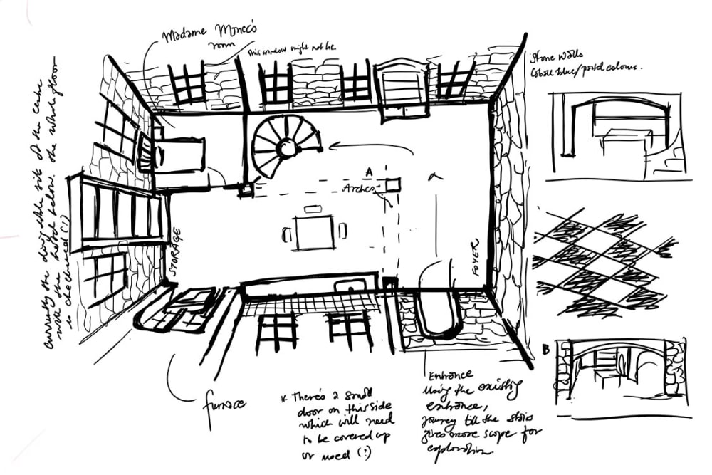 A sketch of a birds eye view of the interior of a building.