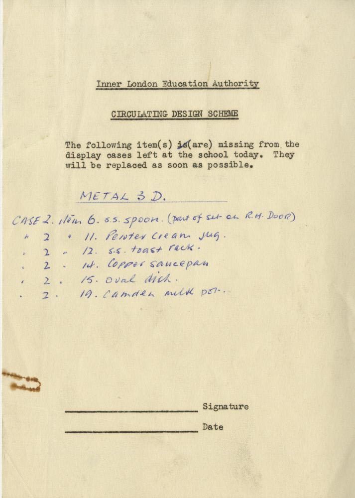 Paper slip for a ‘Metals and their Qualities’ display, indicated missing or broken items. ILEA Collection IA_M3D_1_D2.