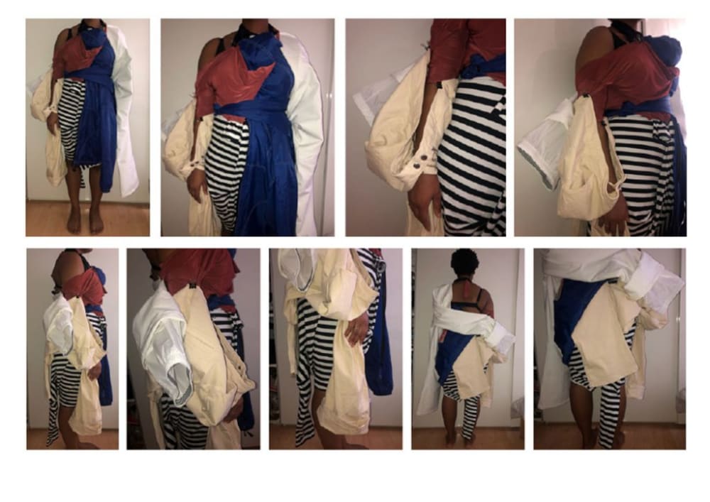 multiple images displaying a red, blue and white striped garment