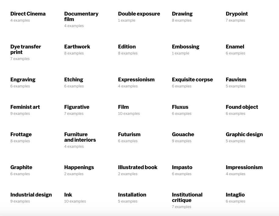 a page of multiple different art related headings