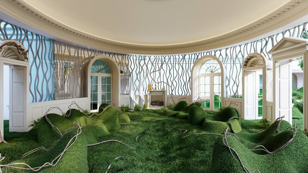 The digital image shows an interior of a curved building. The floor is made of grass which flows through the external doors and outside into the gardens. There are chairs made of grass which match the floor. Centred and against the wall is a fireplace with logs in and unlit. There are some bottles sitting on the fireplace.  
