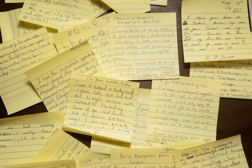 yellow post it notes covered in writing
