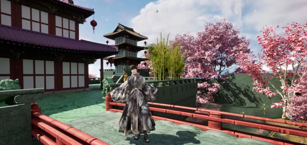 Digital outfit of a dark grey and white printed dress on a digital person standing on a bridge in the virtual world 