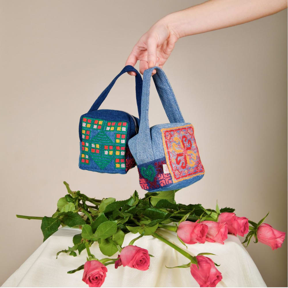 Bags and tulips on a block