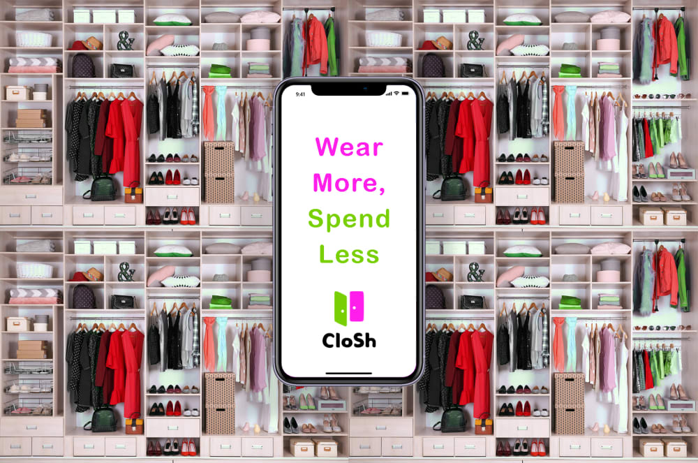 photo of a phone in front of tiled repeating wardrobes, caption 'wear more, spend less'