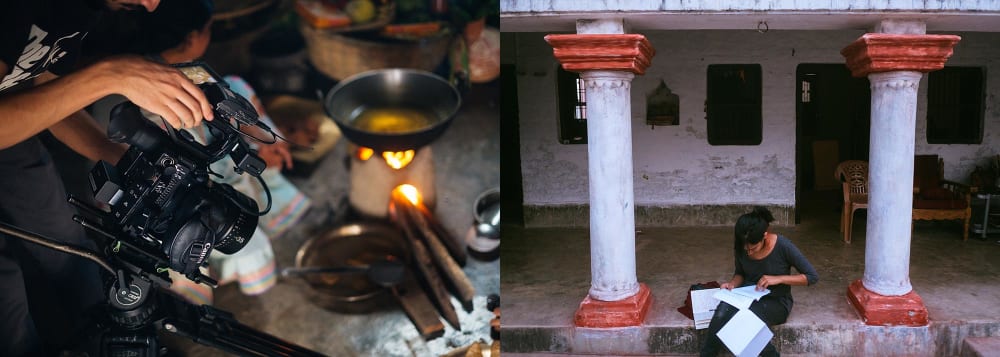 Photographs of the film set. Left, the camera capturing a detail of the kitchen. Right, an image of a woman sitting on stairs reading a script. 