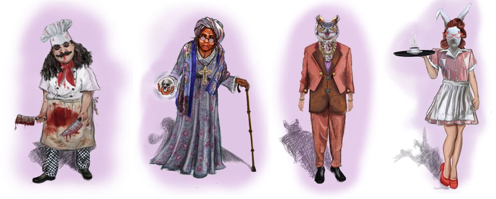 A drawing of 4 different characters in costume.