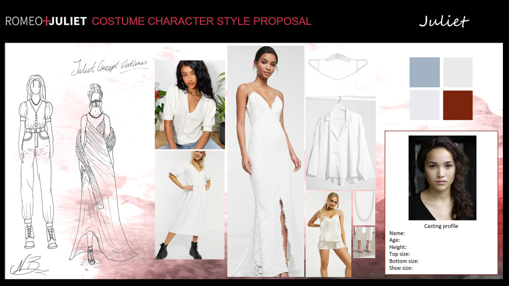 a mood board of costume ideas for the character of Juliet. includes two pencil sketches, of concept outlines. Also, shows examples of white lace dresses   