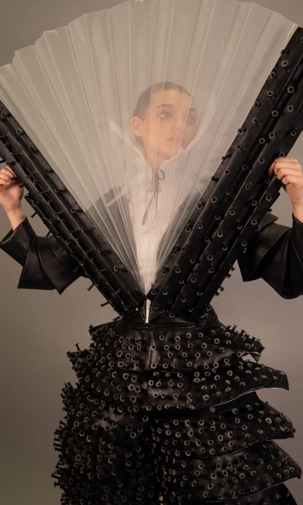 Close up of model Eve Daniel showcasing costume's adult stage