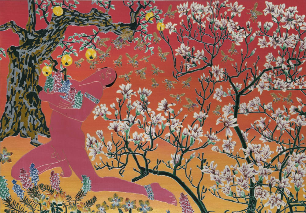 Painting of blossom trees and male nude