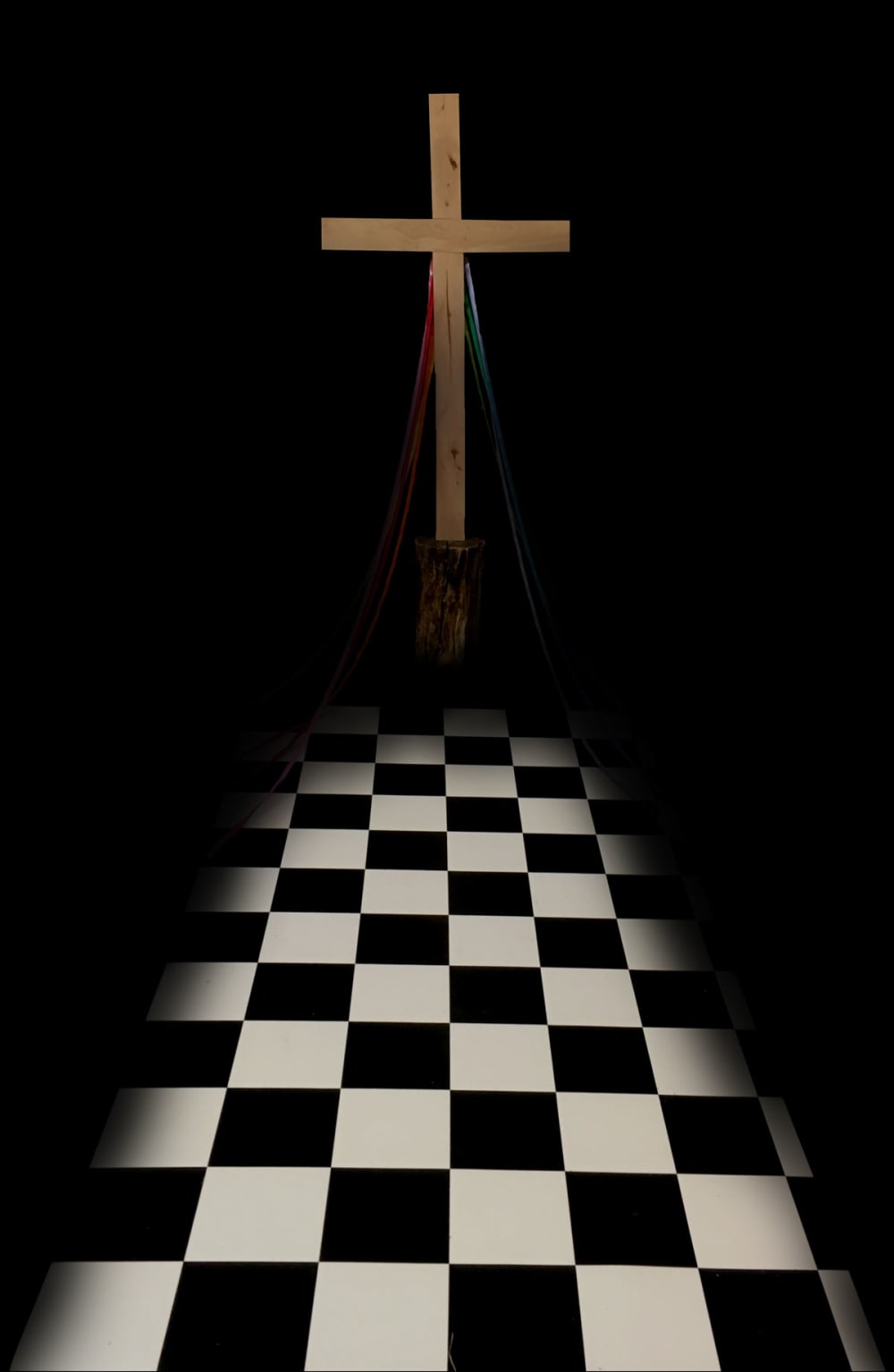 checkered floor and cross