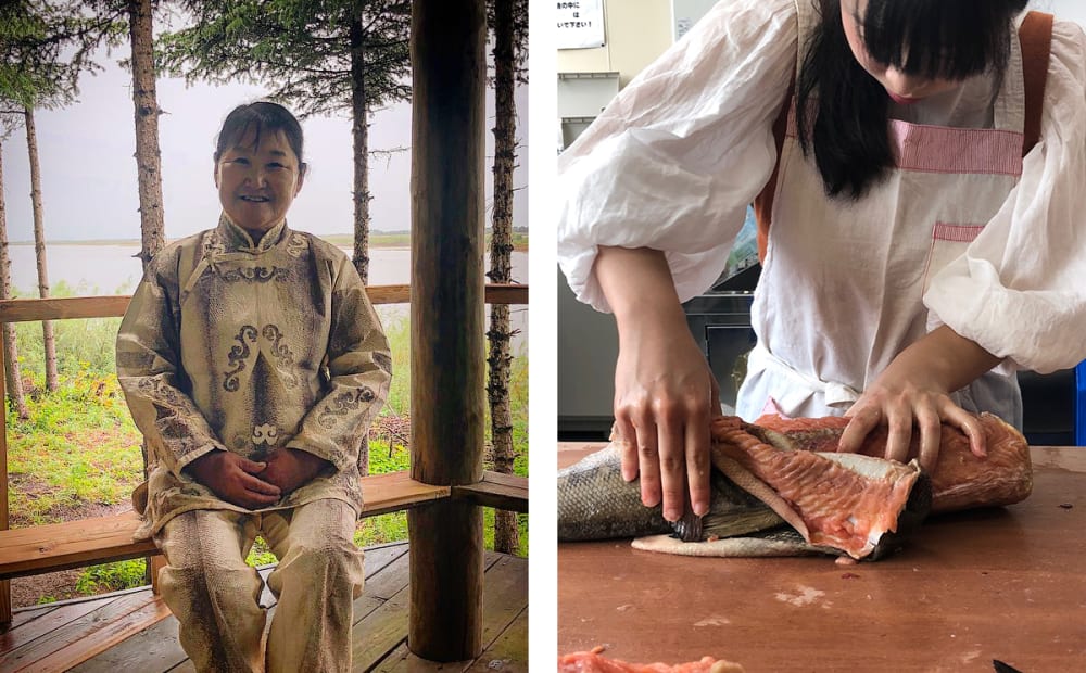 2 images; photo on the left is of a woman sat on a bench amongst trees; photo on the right is a student skinning a fish.