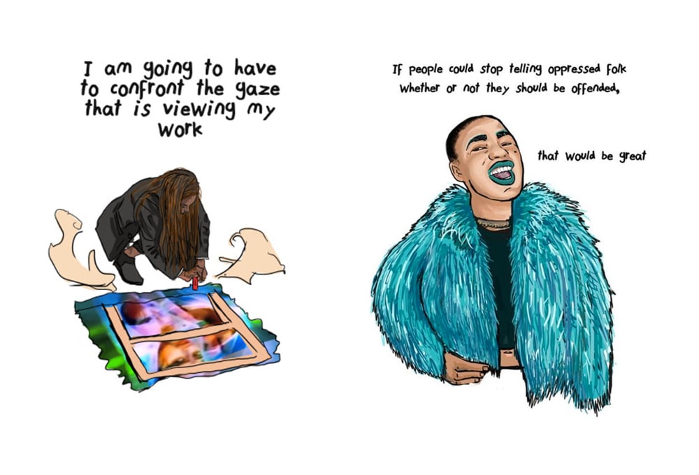 two illustrations of people with quotes above their heads