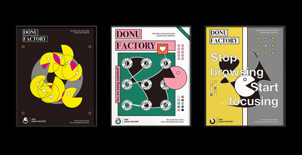 A series of 3 concept posters developed for the launch of a fictional donut brand.