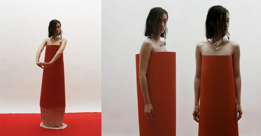 Composite image showing figure wearing red garments from three perspectives