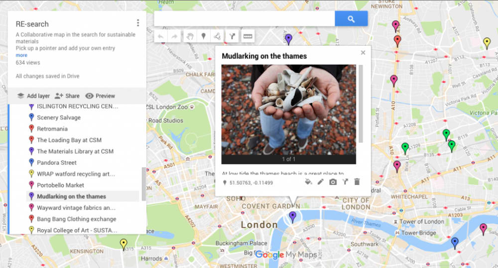 a screenshot of google maps with an image of a person holding shells with text that reads 'mudlarking on the thames'