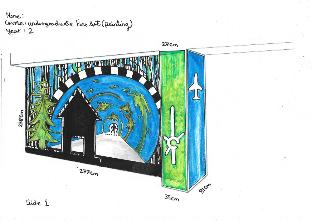 line drawing, with measurements of the mural and wall. Coloured in blue, black and green. 