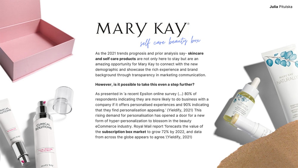 A presentation slide featuring text and photographs of Mary Kay cosmetics.