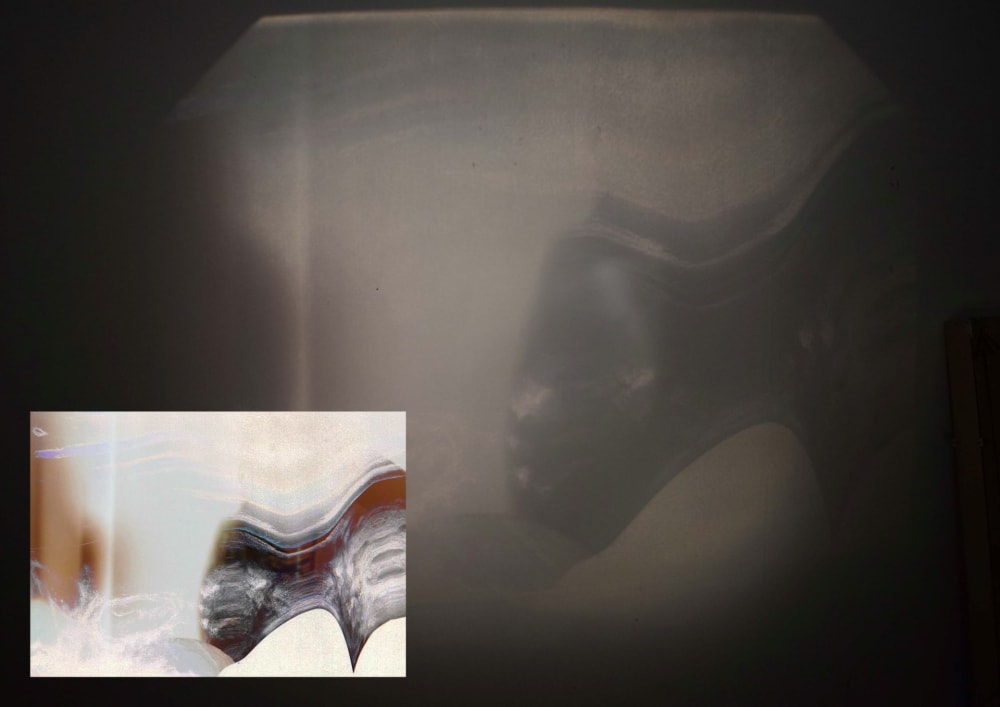 Composite photographic image with two images in blurred, monochrome hues