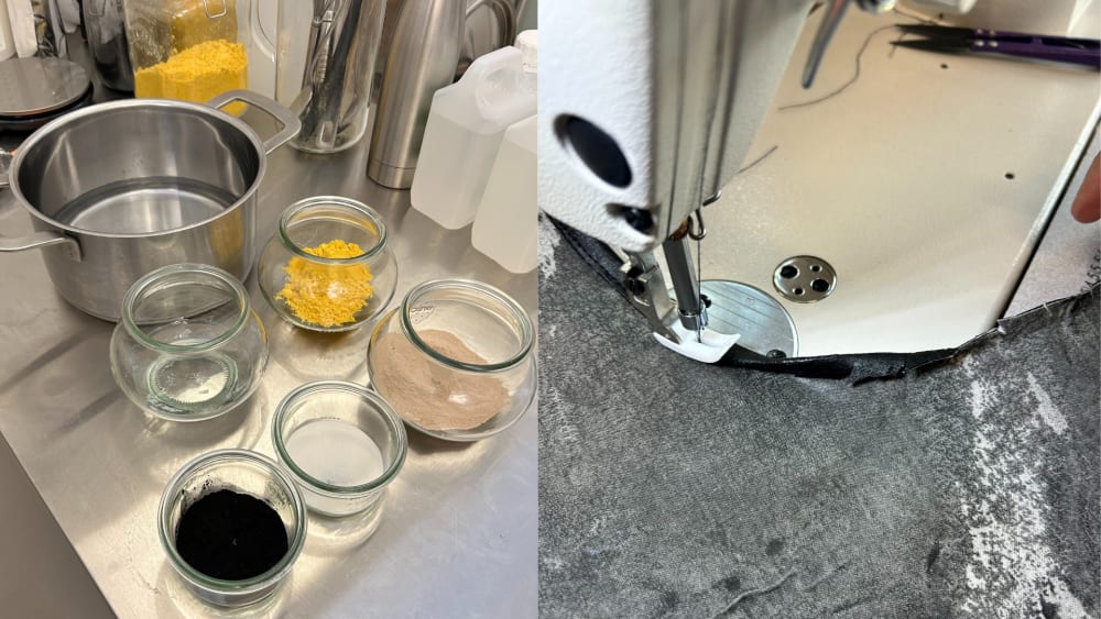 Collage with 2 images, (left) samples of food waste in glass round jars and silver pot, (right) closeup of black apron being stitched on a sewing machine